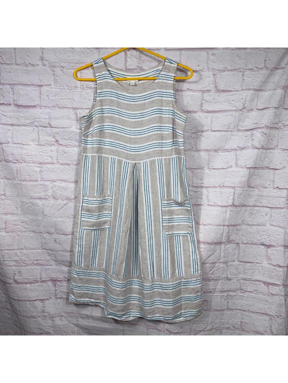 J. Jill Love Linen Striped Sleeveless Dress Women’s XS Blue White Pockets